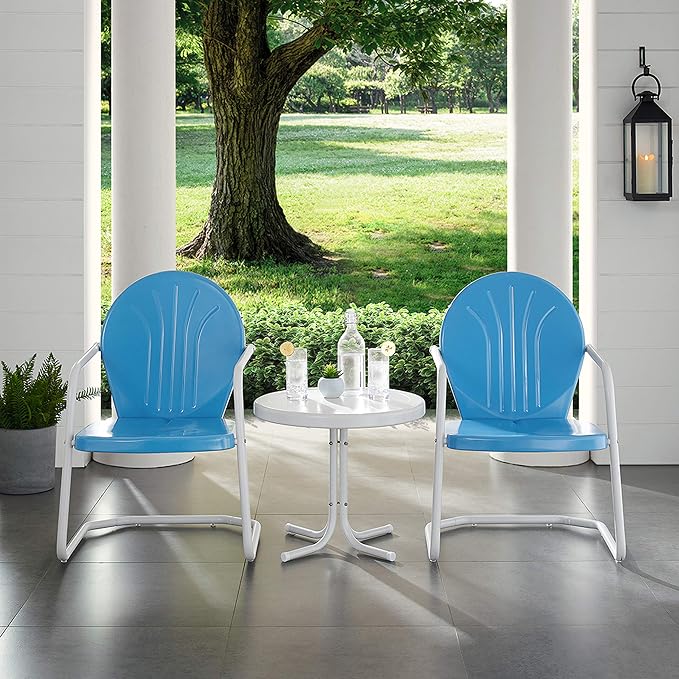 Crosley Furniture Griffith 3-Piece Outdoor Chair and Side Table Set, Retro Metal Bistro Patio Sets for Porch, Sky Blue