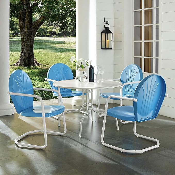 Crosley Furniture Griffith 5-Piece Outdoor Dining Set for 4, Retro Metal Round Patio Table and Chairs, Sky Blue