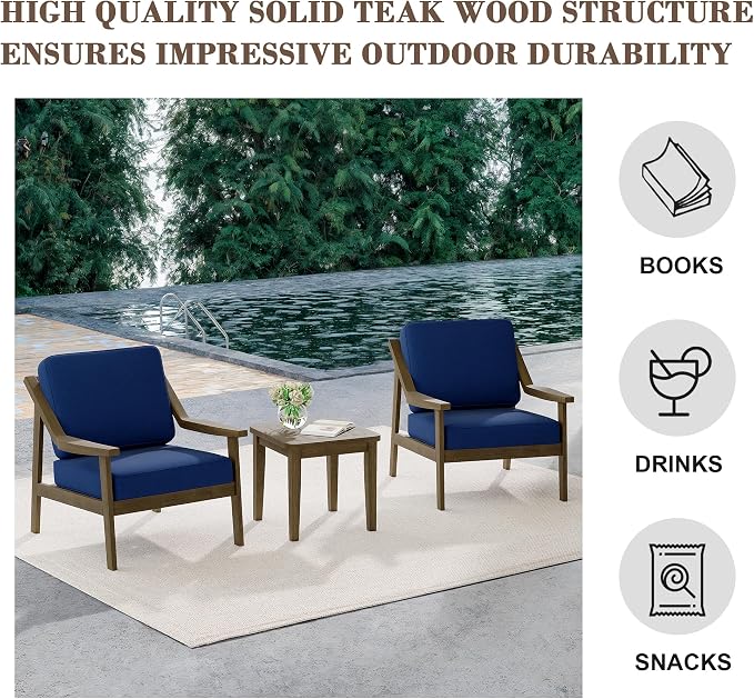 Outdoor Patio Furniture Set, 3 Piece Patio Conversation Sets with Washable Thick Cushions, All-Weather Solid Wood Patio Bistro Set for Porch, Balcony, Natural Frame & Navy Cushion