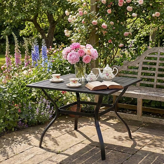 Majnesvon 37" Outdoor Dining Table, Square Patio Table with Umbrella Hole, Metal Steel Slat Outdoor Table, All-Weather Steel Patio Dining Table, for Lawn, Garden, Backyard, Bistro, Black