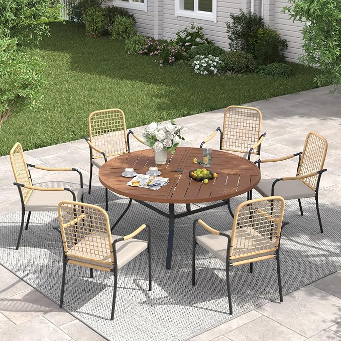 VICLLAX 47.2" Round Patio Table with Umbrella Hole, All Weather Metal Outdoor Dining Table for 6, Outside Table with Storage Shelf for Lawn Garden, Walnut Wood-Grain Finish