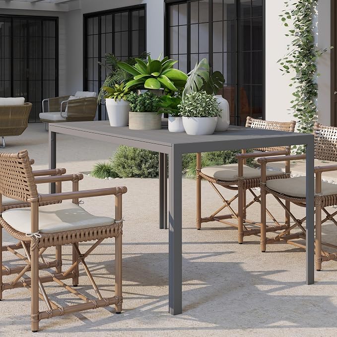 LUCKYERMORE Outdoor Dining Table for 6 Person, Outdoor Patio Table with Slat Tabletop and Aluminum Frame, 55" x 31" Patio Dining Table Rectangle Table for Deck Garden Lawn Backyard, Grey