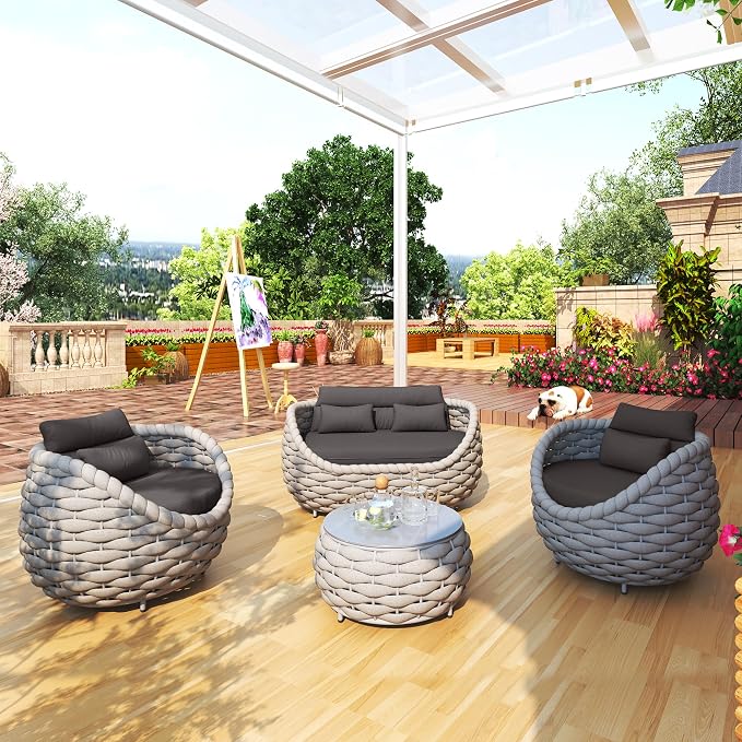 TWT 4 Pieces Aluminum Patio Furniture Set, Modern Outdoor Patio Furniture with Coffee Table, No Assembly Required Outdoor Conversation Set with Dark Grey Cushions for Balcony, Porch, Lawn