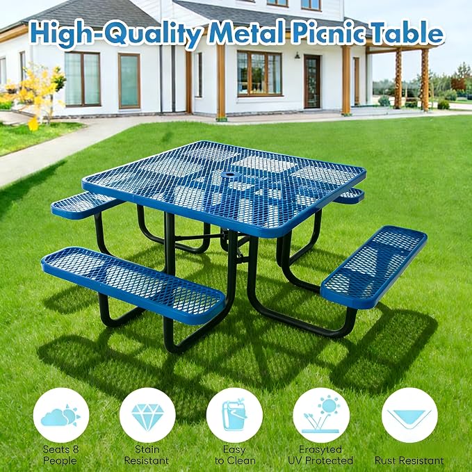 Garvee Heavy Duty Metal Picnic Tables for Outdoors with Umbrella Hole, 46" Square Top Patio Table Coated Steel Commercial Grade Furniture Set Weather & Rust Resistant (Expanded Steel, Blue)