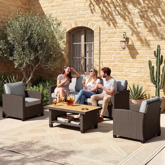 Patio Furniture Set - All-Weather - 4 Piece Wicker Outdoor Patio Conversation Set, Modular Rattan Sectional Sofa for Backyard, Garden, Patio, Poolside