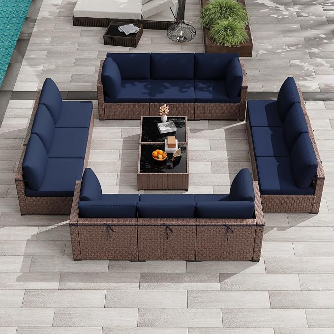 KIGOTY 14-Piece Patio Furniture Set, All-Weather PE Rattan Outdoor Sectional Sofa, Modular Wicker Conversation Set with Thick Cushions & Easy-Clean Coffee Table(Brown/Navy)