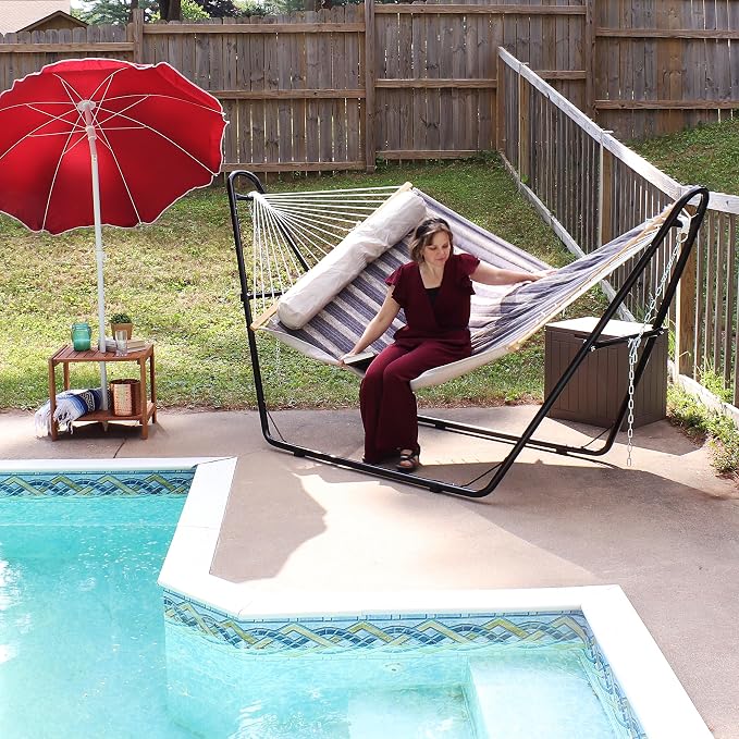 Sunnydaze Quilted Double Hammock with Stand for Outside - 440 lb Capacity Universal Black Steel Stand - UV Resistant, Quick Dry Fabric - Pillow, Chains, and Hardware Included - Mountainside
