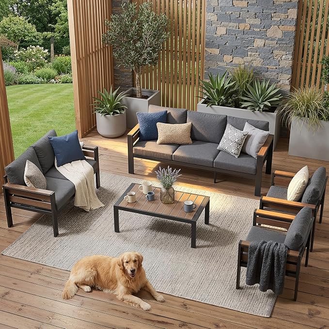 Outdoor Aluminum Patio Furniture Set, 7 Seat 5 Pieces Rust-resistant Patio Conversation Sets with 28D Thick Washable Cushions and Coffee Table, Oversized Metal Sectional Sofa Set for Backyard
