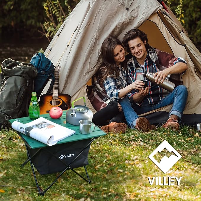 VILLEY Portable Camping Side Table, Ultralight Aluminum Folding Beach Table with Carry Bag and Under-Table Storage Hammock for Outdoor Cooking, Picnic, Camp, Boat, Travel, Medium