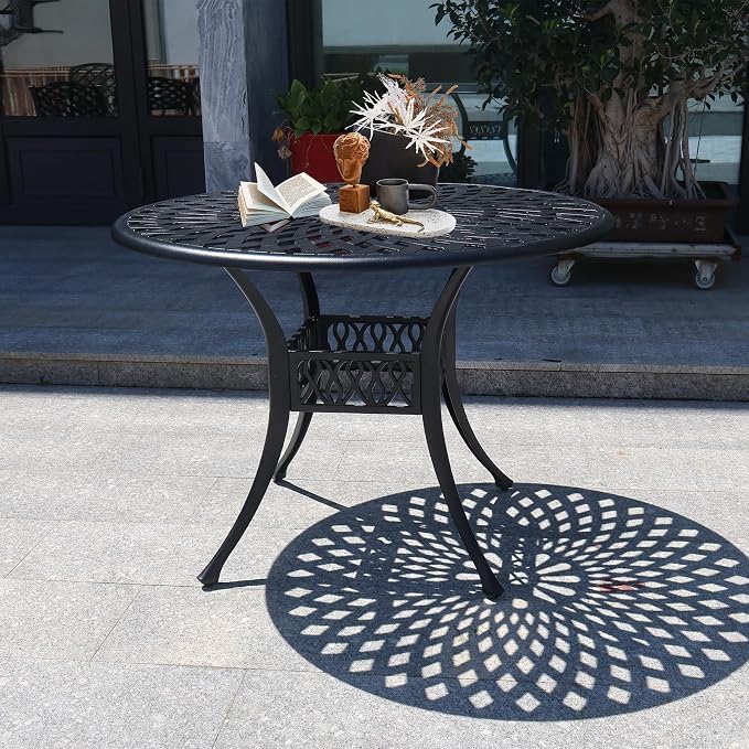 42“ Round Outdoor Table, All Weather Patio Table with Umbrella Hole, Cast Aluminum Bistro Table for Outside (Black)