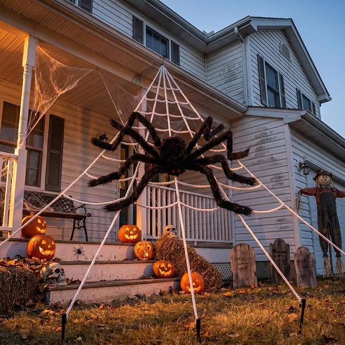 Land Guard 236'' Big Spider Web Halloween Decor+70'' Huge Spider for Roof with Triangular Big Web for on House Outside and Inside