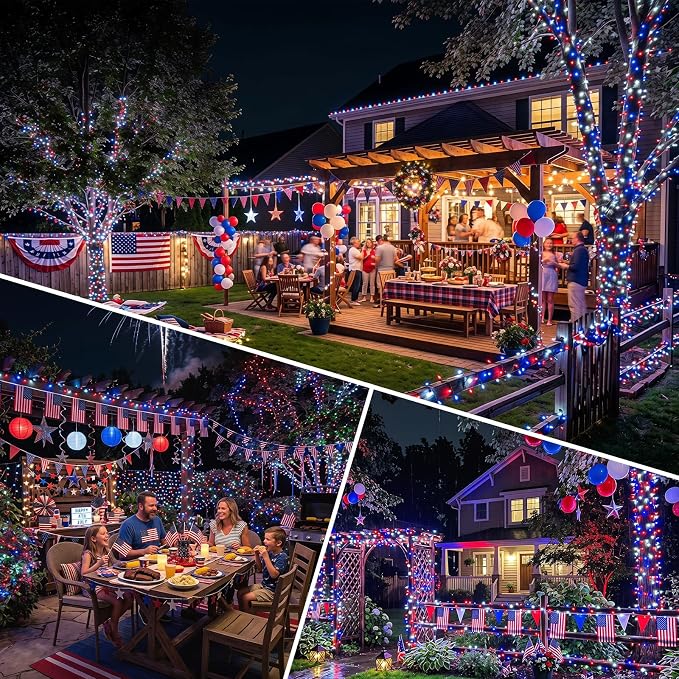 KAQ 2pack 500LED Solar String Lights Outdoor Waterproof Red White Blue | Total 180FT Flexible Wire With Bright LEDs, 8 Twinkle Modes with Memory, Auto On/Off Easily Decorates Trees, Fences, Garden
