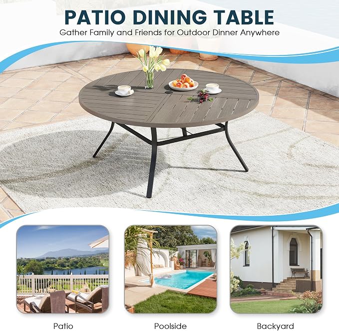 Patio Dining Table for 8-10, Round Metal Outdoor Table with Storage Shelf, 1.57" Umbrella Hole, 63" Outdoor Quartered Tabletop Dining Table for Backyard, Porch, Lawn, Grey