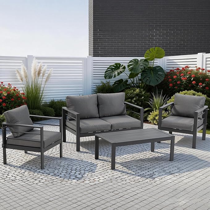 4 Piece Heavy Duty Metal Patio Furniture Set, Outdoor Conversation Set with High Weight Capacity, All-Weather Classic Iron Sofa with Coffee Table & Washable Thick Cushions for Deck, Porch, Grey