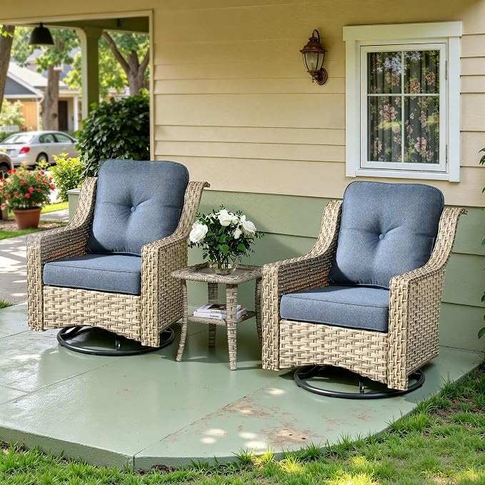 3 Piece Patio Furniture Set, Outdoor High Back Swivel Rocker Chairs Set of 2 with Side Table, All Weather Wicker Glider Chair with Thick Cushions for Backyard Balcony Porch, Denim Blue