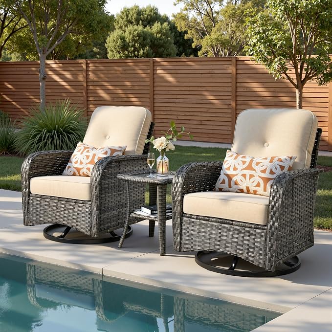3-Piece Patio Furniture Set, Outdoor Wicker Furniture with Coffee Table, High Back Swivel Rocker Patio Chairs, Modern Rattan Outdoor Chairs Conversation Set for Porch, Balcony, Garden, Beige
