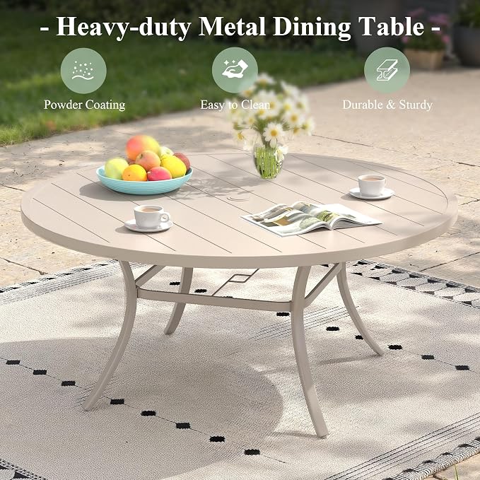 Outdoor Dining Table for 6, 50" Round Outdoor Table with Adjustable Umbrella Hole, All-Weather Metal Patio Dining Table for Lawn Garden Backyard Deck, Sandshell