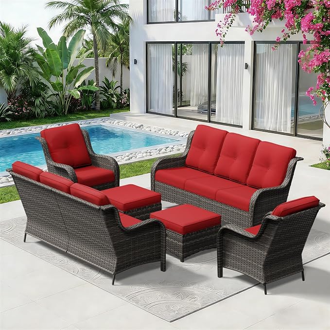 6 Piece Outdoor Wicker Patio Furniture Set, Patio Chairs Set with Thickened Olefin Cushions, High Back and Deep Seating, Hand-Woven PE Rattan, Ottoman for Porch, Deck