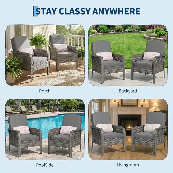 IDEALHOUSE 2-Piece Outdoor Patio Set, All-Weather Wicker Chairs with High Back & Cushions for Deck, Porch, Garden,Gray Rattan+Gray Cushion