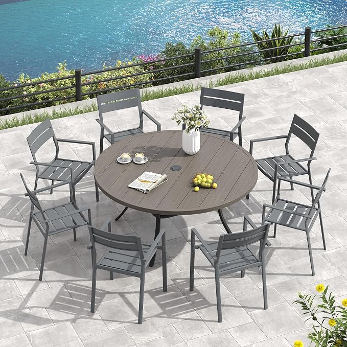 VICLLAX 63" Round Patio Table, Outdoor Dining Table for 8-10 with Umbrella Hole for Garden Lawn Deck Backyard, Antique Grey