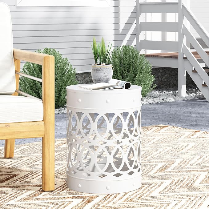 Outdoor Metal End Table Large, White Iron Side Table with Geometric Cut Design, Round Patio Accent Table No Assembly Required, Weather Resistant for Garden Balcony Porch (White)