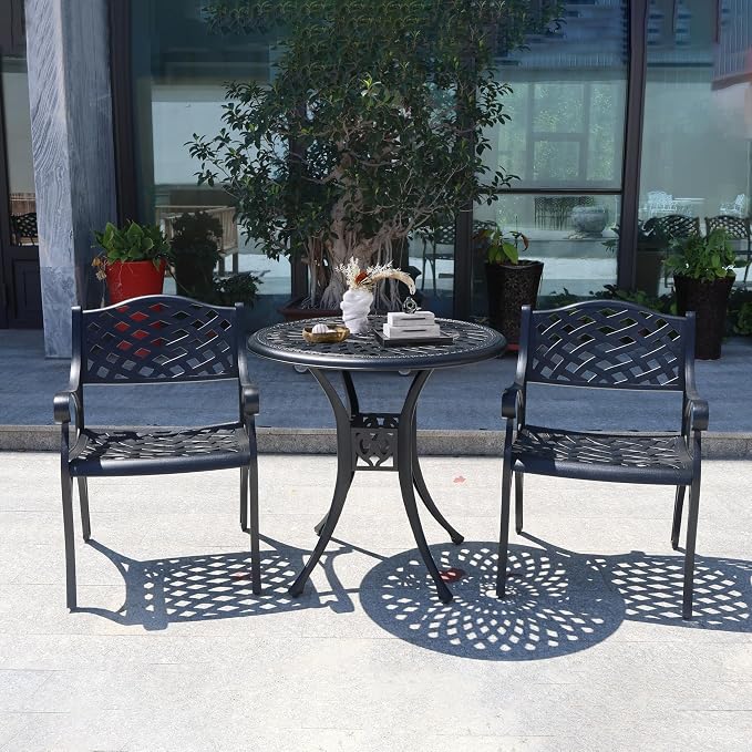 30.3" Patio Bistro Table Cast Aluminum Patio Table,Metal Patio Dining Table with Umbrella Hole,All Weather Outdoor Bistro Dining Table for Backyard, Garden, Balcony, Bronze