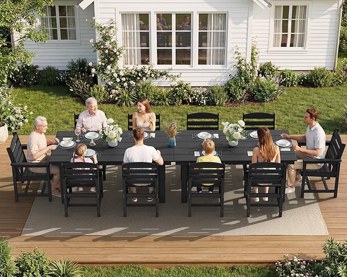 SERWALL 7-Pc HDPE Patio Dining Set, 1 Table & 6 Armless Chairs, Black | HDPE Outdoor Dining Set with Rectangular Table & 6 Armless Chairs, All-Weather Resistant SERWALL Dining Set for 6