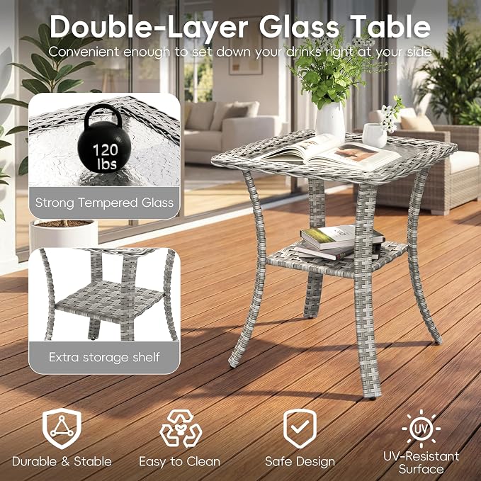 10 Piece Wicker Patio Furniture Set with 55,000 BTU Fire Pit Table, Swivel Rocking Chairs, 4''Cushions, PE Rattan, Wind Guard Glass, for Backyard, Deck or Balcony, Blue