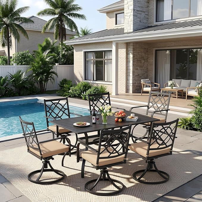 Oakcloud 7-Piece Metal Outdoor Furniture Patio Dining Set, 6 Metal Swivel Chairs and Rectangle Dining Table with Umbrella Hole, Black