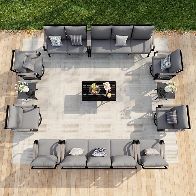 12-Piece Patio Conversation Sets, All Weather Metal Outdoor Furniture Set Includes 2 Three-Seater 4 Swivel Rockers with 2 Side Tables 1 Loveseat with Coffee Table 2 Single Chairs for Deck Porch, Gray