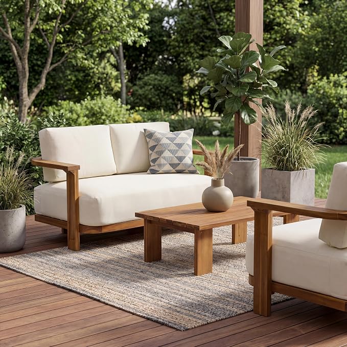 Christopher Knight Home Archer 2 Piece Loveseat Sofa and Coffee Table Set, Acacia Wood Patio Furniture Set with Removable Cushion, Patio Conversation Set with Slatted Design, Beige+Teak