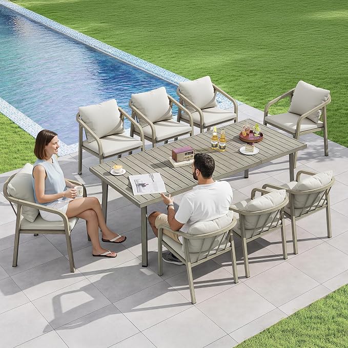 Outdoor Dining Set,9-Piece Patio Dining Table Set for 8 with Rectangular Table & 8 Thick Cushion Sofa Chair, Aluminum All-Weather Patio Furniture Set for Backyard, Garden and Poolside (Grey)
