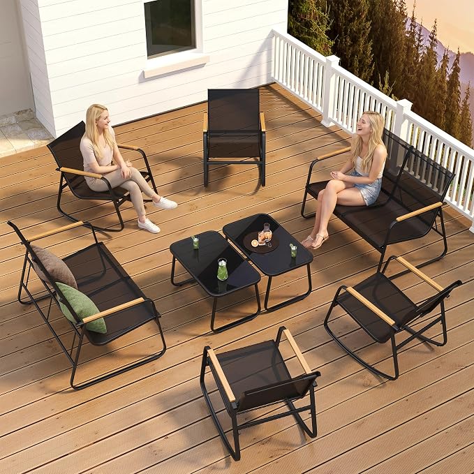 Ahomly 8-Piece Outdoor Patio Furniture Set, Textilene Conversation Set with Rocking Chairs, Loveseat, and Tempered Glass Coffee Table, for Lawn, Garden, Balcony, Poolside (Black)