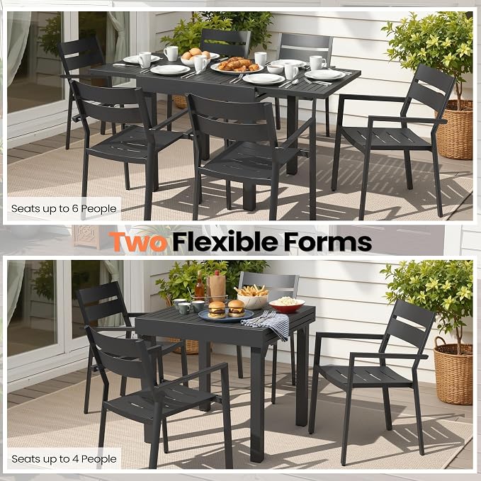 Pellebant 7-Piece Aluminum Outdoor Dining Set for 6, Stackable Contoured Seat Armrest Chairs with 17.3" Depth, Expandable Patio Table – Weather-Resistant Furniture for Deck, Porch & Backyard