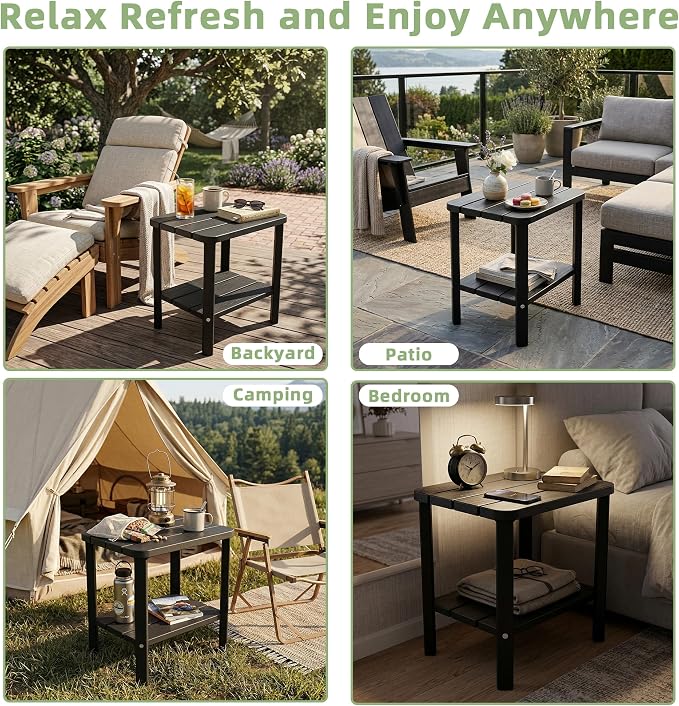 Outdoor Side Table, 2-Tier Small Table, Weather Resistant Outdoor End Tables, Patio Furniture for Garden, Porch, Pool, Lawn, Backyard or Indoor Bedroom
