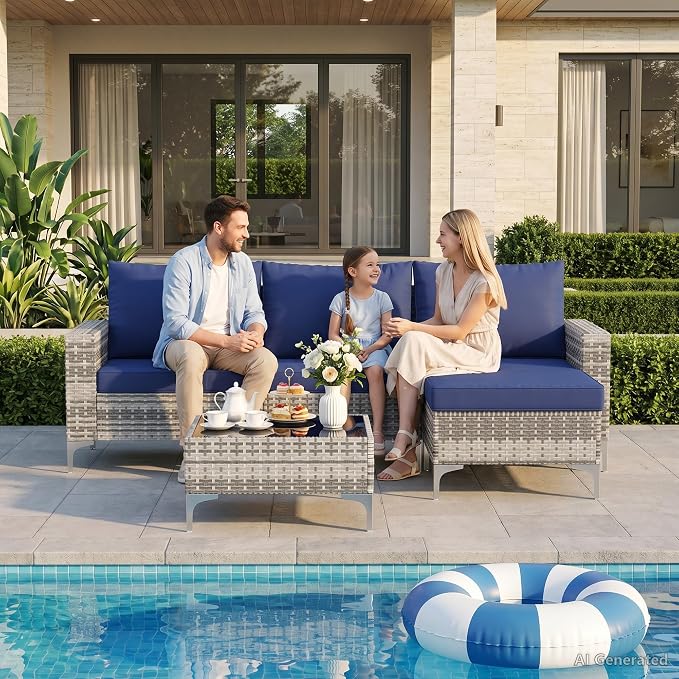 Vikiullf Wicker Patio Furniture Set, 5 Pieces Outdoor Conversation Set, Patio Sectional Sofa with 4" Thick Cushions, for Poolside Backyard Garden