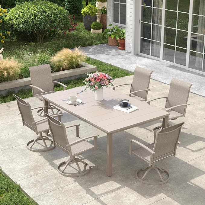 VICLLAX Outdoor Table for 6, Metal Patio Dining Table with Umbrella Hole for Garden Lawn Deck Backyard, Sandshell Tabletop