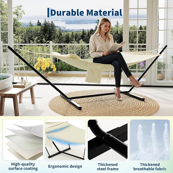 GarveeLife Outdoor Double Hammock with Heavy Duty Adjustable Steel Stand, Portable 2 Person Hammock for Patio Garden Beach Backyard