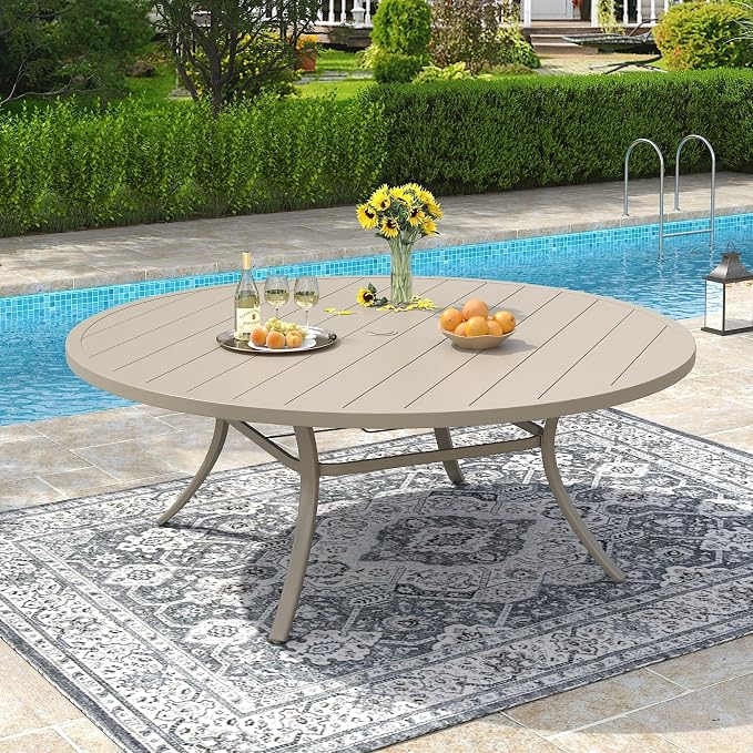 VICLLAX 63" Outdoor Patio Dining Table for 8-10, Metal Round Table with Umbrella Hole for Deck Lawn Garden Backyard, Sandshell