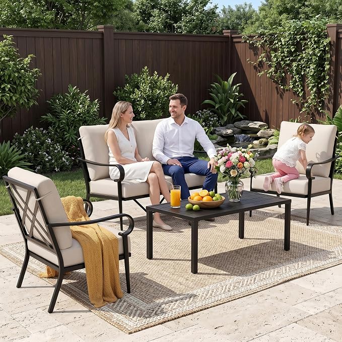 NATURAL EXPRESSIONS 4 Piece Patio Furniture Set, Vintage Metal Outdoor Conversation Set with High Back Chairs, 5.5" Thick Cushions for Balcony, Porch