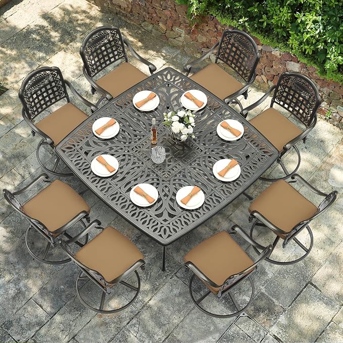 VIVIJASON 9-Piece Outdoor Dining Furniture Set, Cast Aluminum Patio Table & Chairs Set for 8, Include Large 64" Square Dining Table and 8 Swivel Rocker Chairs with Umbrella Hole, Khaki