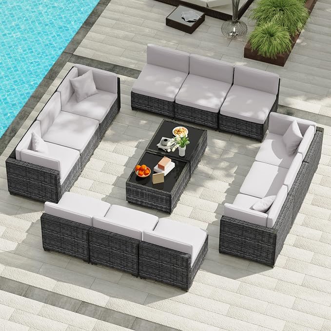 KIGOTY Patio Furniture Set,14 Pieces Modular Outdoor Sectional Sofa, PE Rattan Patio Conversation Set, All Weather Wicker Patio Furniture with Cushions and Coffee Table(Light Grey/Light Grey)