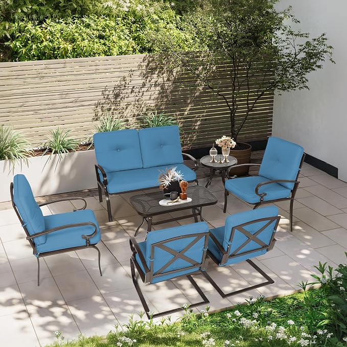 Incbruce 7 Pcs(6 Seats) Wrought Iron Patio Conversation Sets (1 Loveseat, 2 Table, 2 Spring Chair, 2 Dining Chairs), Outdoor Metal Furniture Sets with Peacock Blue Cushion