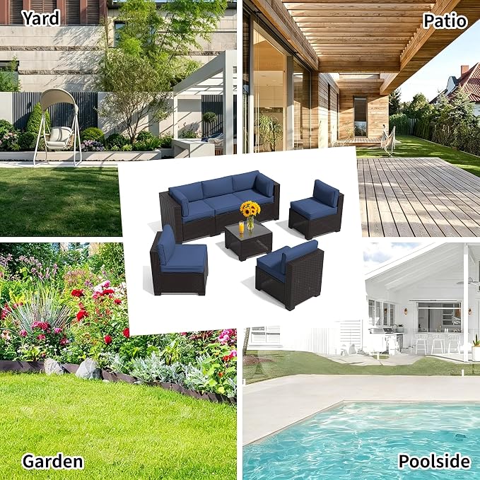 7 Pieces Outdoor Patio Furniture Set, Wicker Modular Sectional Sofa, All Weather Conversation Sets with Glass Table for Yard, Garden, Poolside, Dark Brown Rattan & Navy Blue Cushions