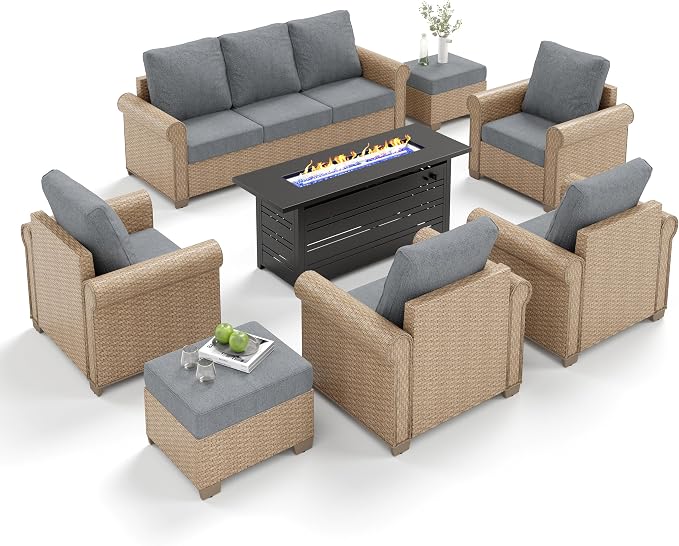 MIXPATIO Patio Furniture Set 8 pcs, Wicker Outdoor Patio Furniture, 3-Seat Sofa, 4 Single Chairs, 2 Ottomans and 56" Gas Fire Pit Table, Rattan Patio Conversation Set for Backyard Deck, Grey