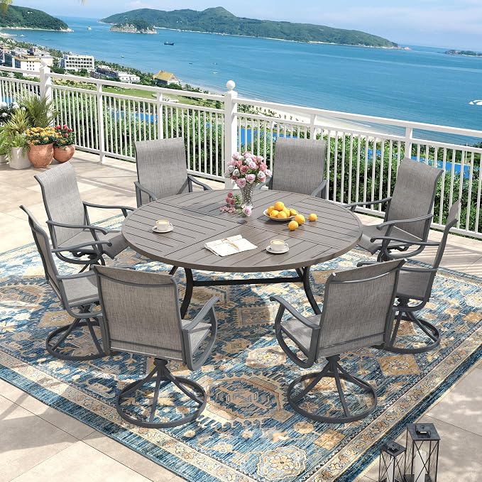 60" Outdoor Dining Table with Adjustable Umbrella Hole, Metal Slatted Round Patio Dining Table for Backyard Garden Deck, Antique Grey
