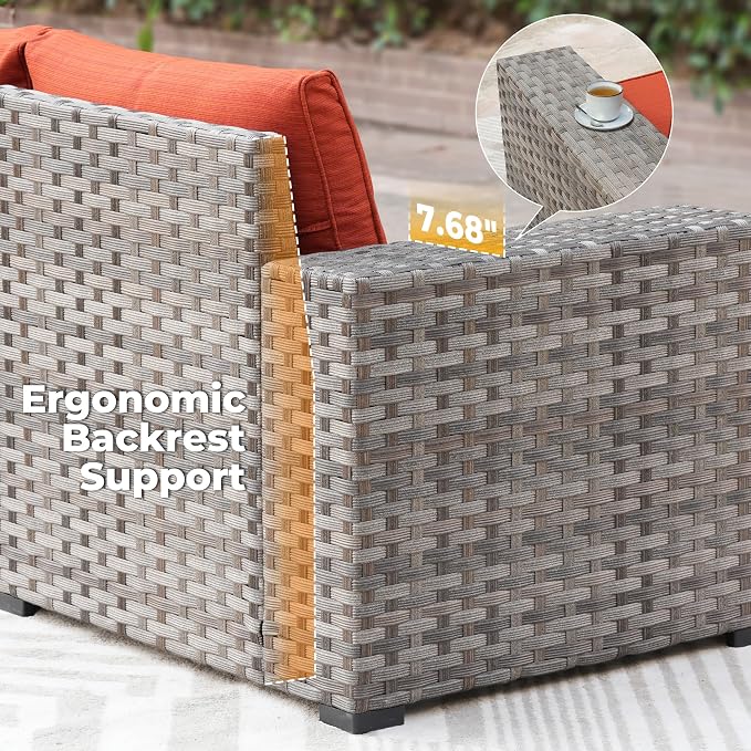 ovios 10 Pieces Patio Furniture Set, Outdoor Wicker Sectional Sofa with 42" Fire Pit Table Swivel Chairs, Modern Modular Deep Seat Rattan Couch Conversation Sets, Orange Red