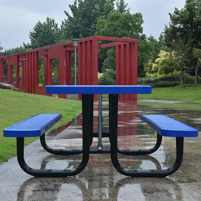 72" Rectangular Metal Picnic Table for 4-8 Person, Durable Heavy Duty Commercial Picnic Table with Umbrella Hole for Outdoor Coffee Shop, School, Hospital, Easy to Install, Blue