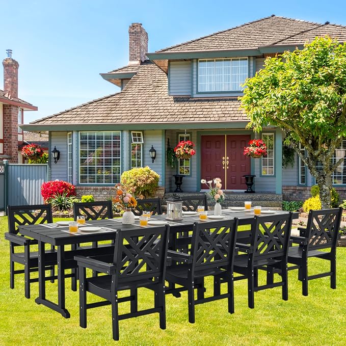 HDPE Dining Table Set for 8,10-Piece Outdoor Table and Chairs Include 8 Dining Chairs and 2 Pcs 62.5" Patio Dining Table with Umbrella Hole (Black)