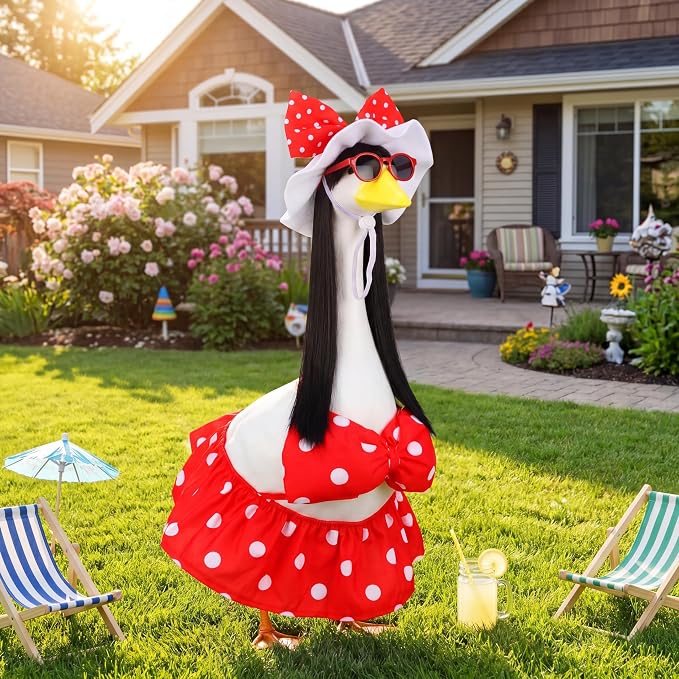 Abbylike Summer Bikini Porch Goose Outfit Red Polka Dot Bikini Goose Costume Clothes with Wig Sun Hat Sunglasses Fits Large 23'' H Cement Statue for Outdoor Yard Patio Lawn Art Decoration